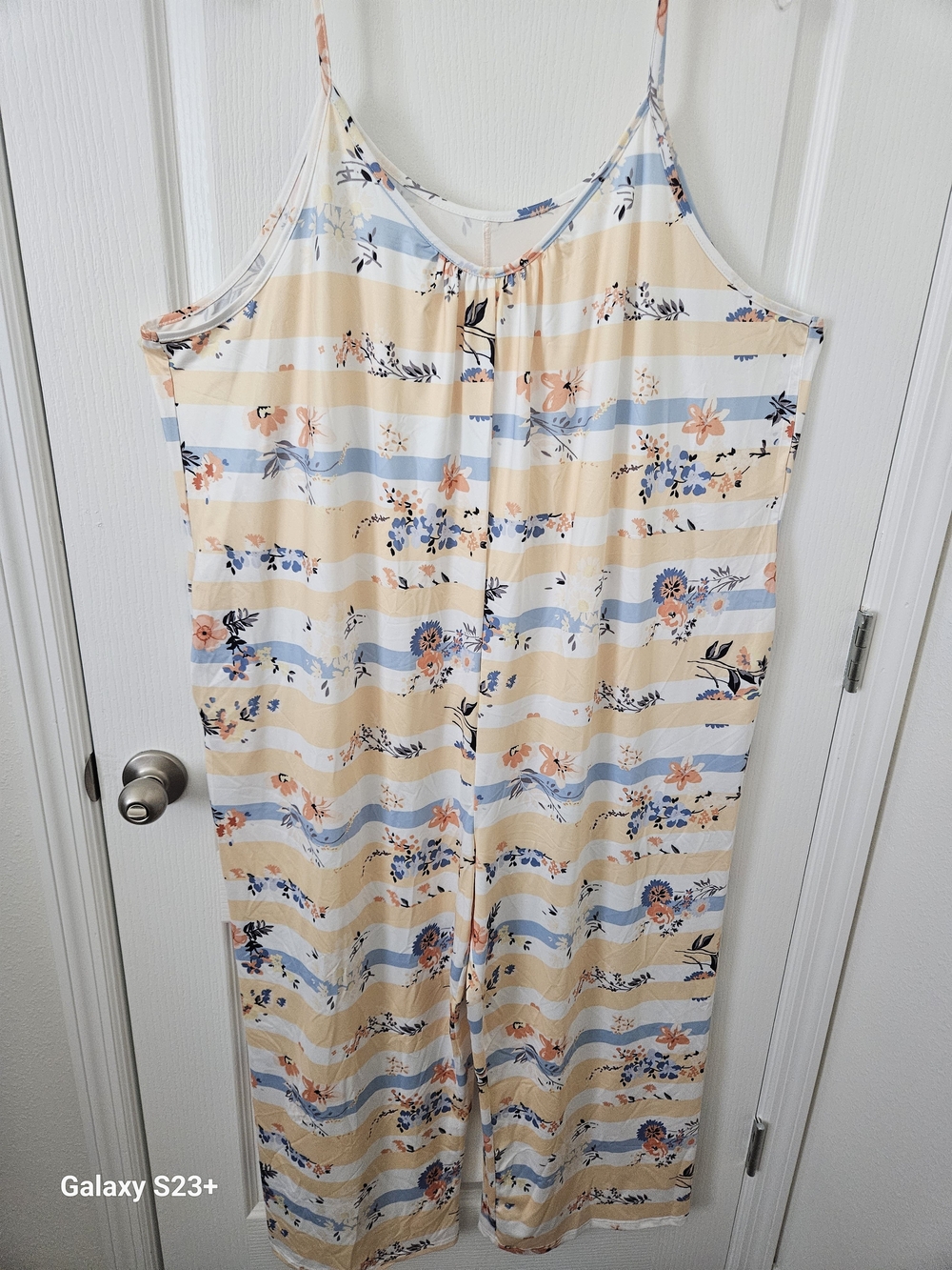 Shein Women Floral Stripe Maxi Wide-Leg Jumpsuit - Butter Yellow & Blue